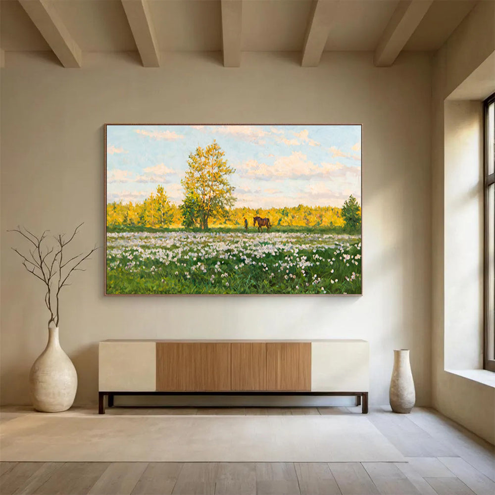 “Sunny Meadow with Horse” - Realistic Landscape Painting On Canvas PT216
