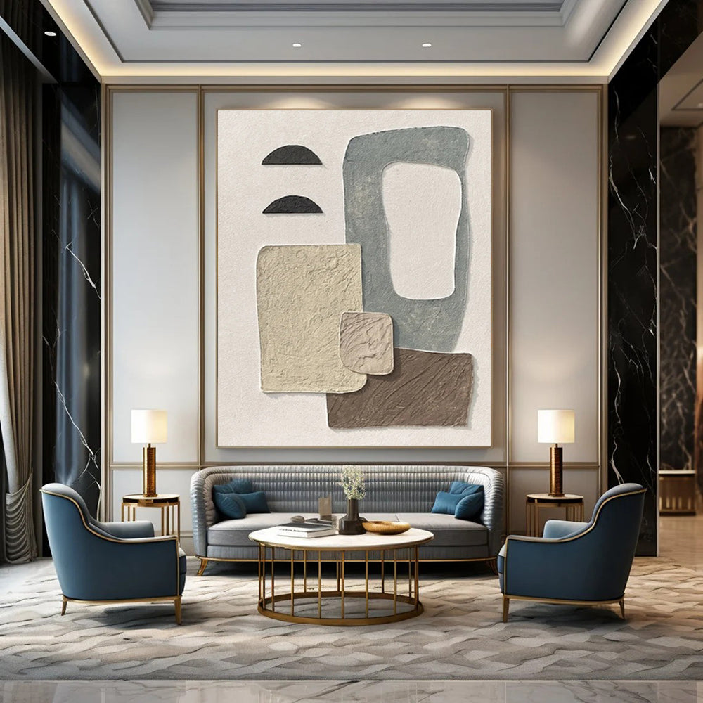 “Beige - Grey Textured Collage” - Mixed - Media Abstract Painting On Canvas PT1135