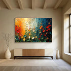 “Sunset Garden Fantasia” - Orange, Green & Red Floral, Textured Flower Palette Knife Painting On Canvas DKS687