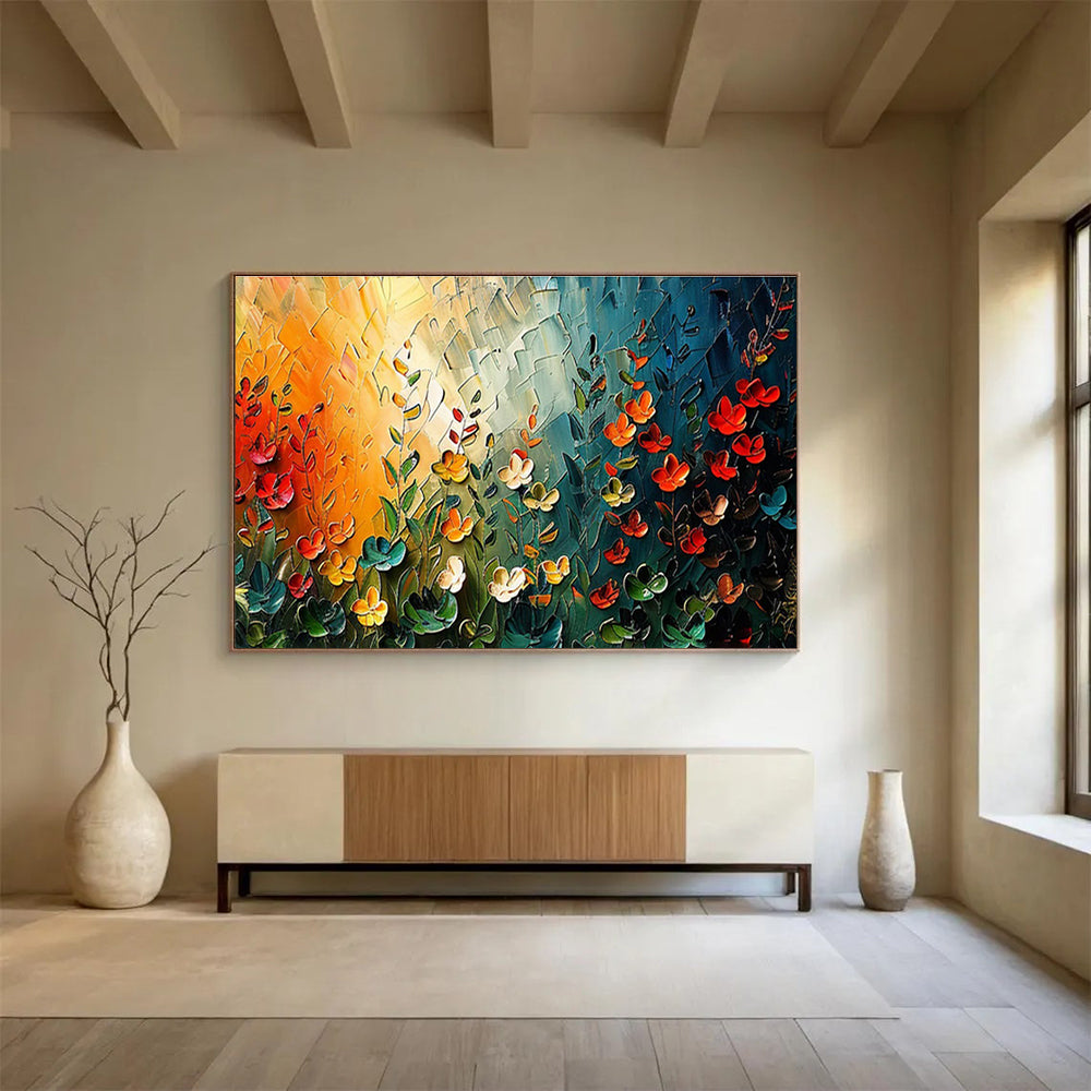 “Sunset Garden Fantasia” - Orange, Green & Red Floral, Textured Flower Palette Knife Painting On Canvas DKS687