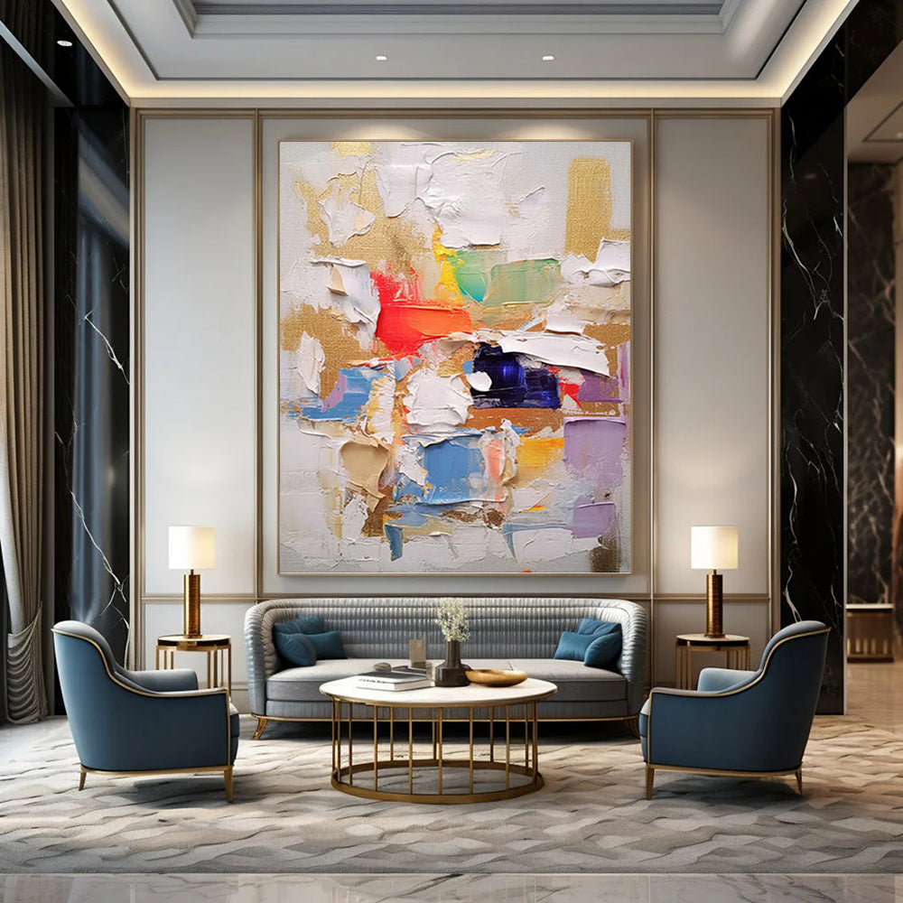 “Vibrant Layered Abstract” - Multicolor, Patchwork - like Abstract Painting On Canvas PT1057