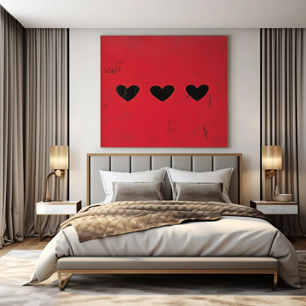 Red and Black Hearts, "Love Marks" – Minimalist Abstract Painting On Canvas PS0950