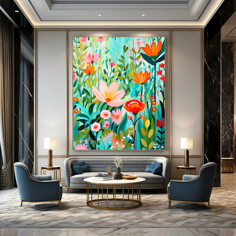 “Colorful Floral Meadow” - Modern, Whimsical - Styled Painting On Canvas PT1595