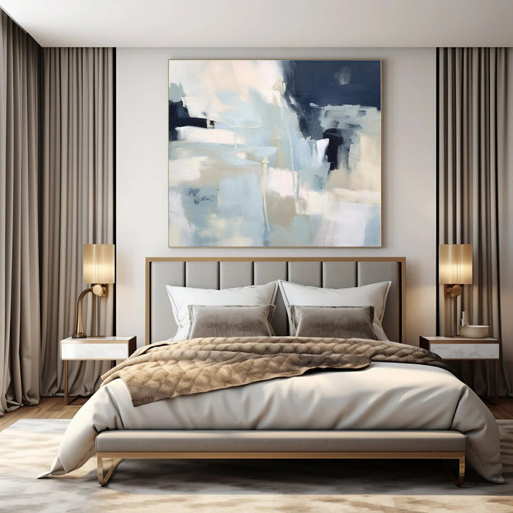 Light Blue, White, Dark Blue with Abstract Shapes "Blue Whisper" Abstract Painting On Canvas PS1334