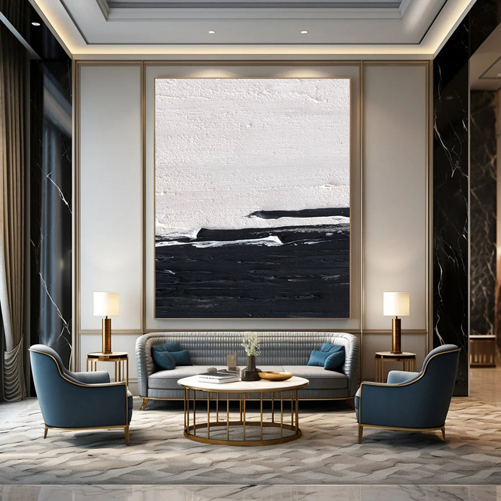 “Black and White Minimalist Horizon” - Subtle Abstract Painting On Canvas DS402