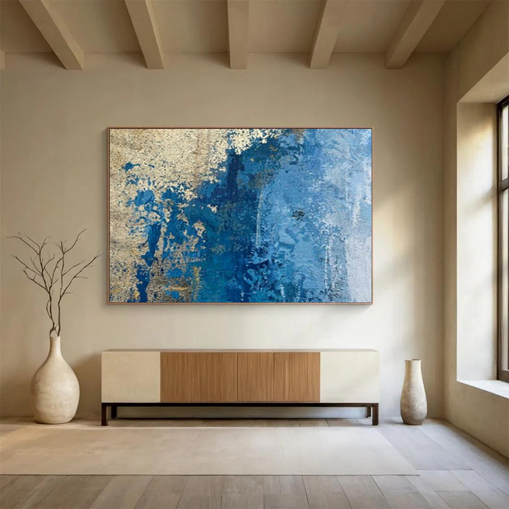 “Blue - Gold Textured Wall” - Earthy Tones “Aged Azure” Painting On Canvas PT1634