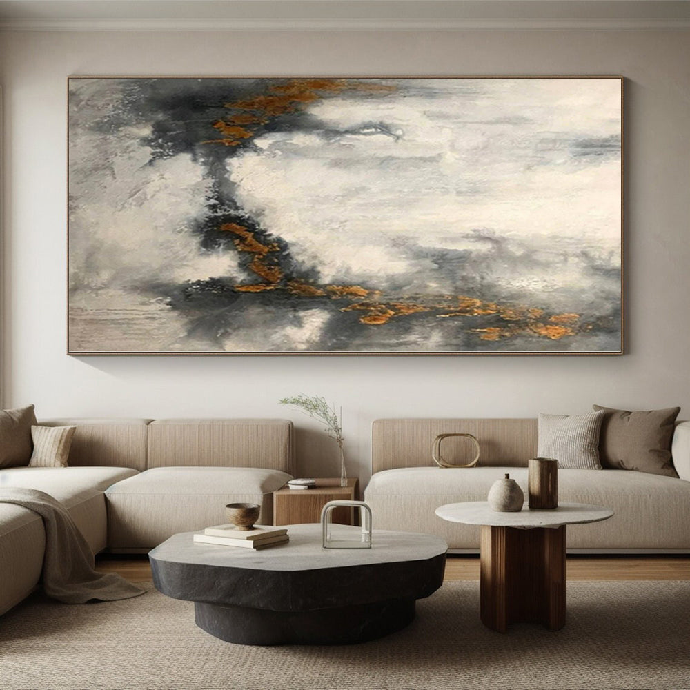 “Grey - Gold Abstract Textured Clouds” - Tactile Abstract Painting On Canvas PS0348