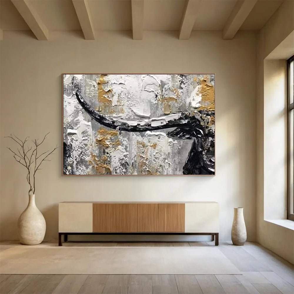 Textured Bull Head in Gold and Gray - Expressive Animal Painting On Canvas DKS336