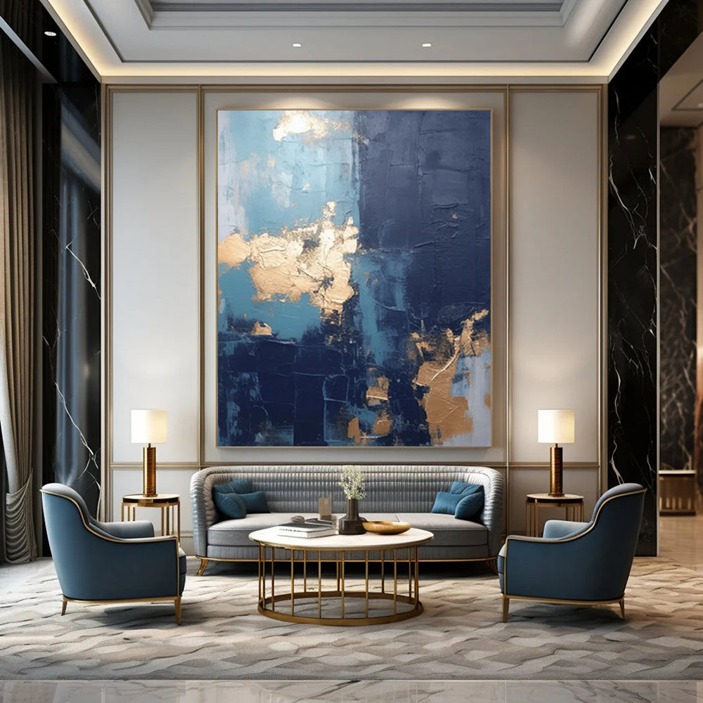 “Blue - Gold Fusion” - Textured Abstract with Metallic Accents Painting On Canvas DS130