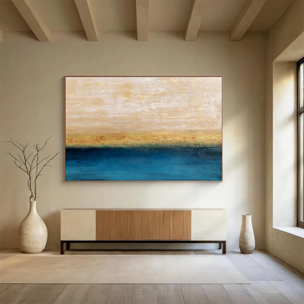 Beige, Gold & Blue Horizon Abstract Painting On Canvas DKS017