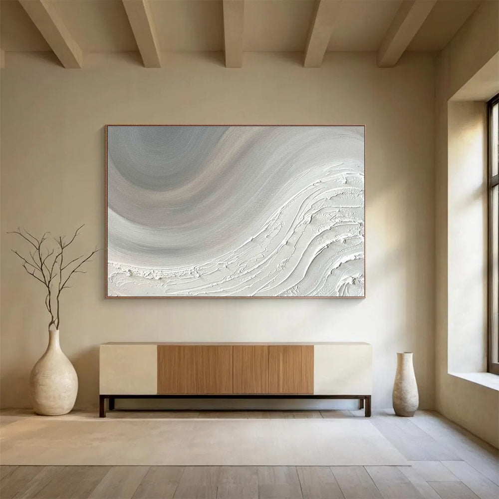 “Textured White Wave Abstract” - Textured Abstract Painting on Canvas, Great for Spa & Bedroom DKS584