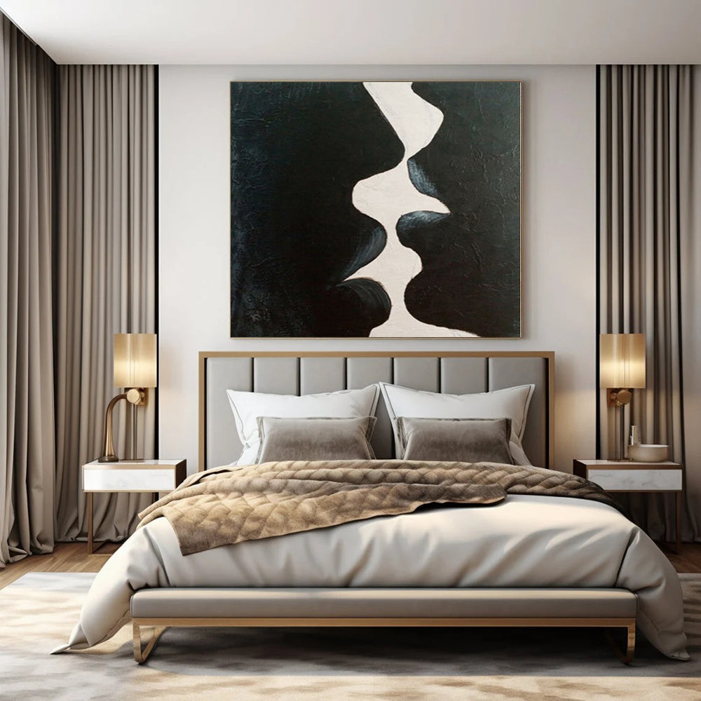 Black, White with Abstract Shapes "Shadow Kiss" Minimalist Painting On Canvas PS1199