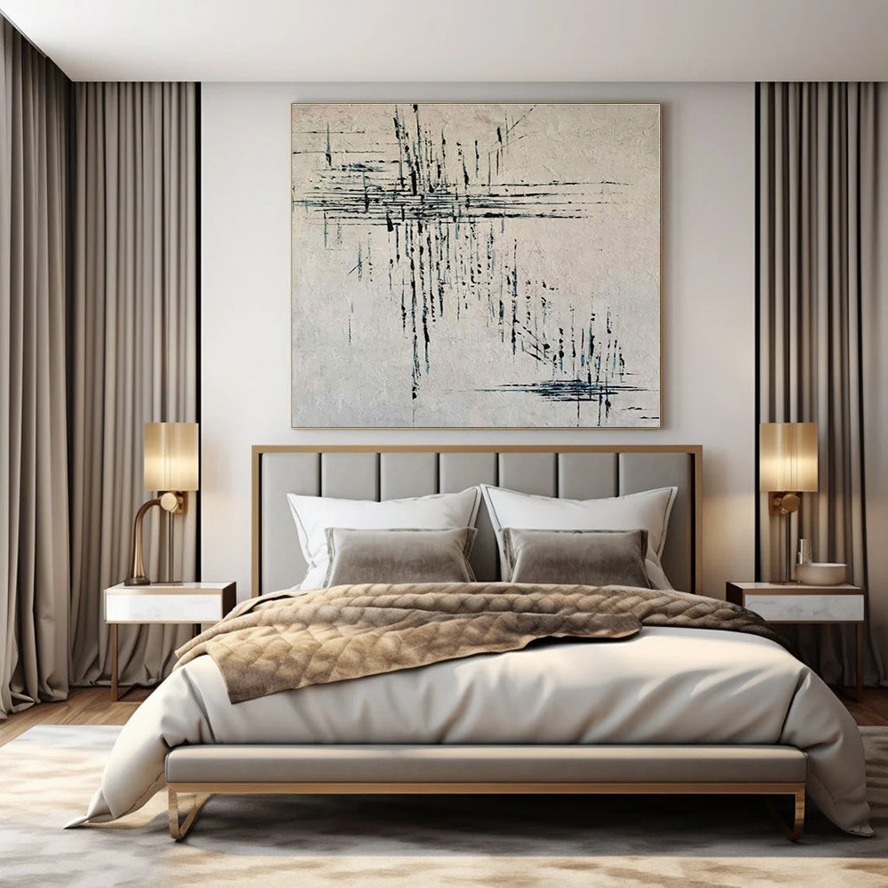 White, Black, Blue with Linear Drips "Dripping Rhythm" Abstract Painting On Canvas PS1315