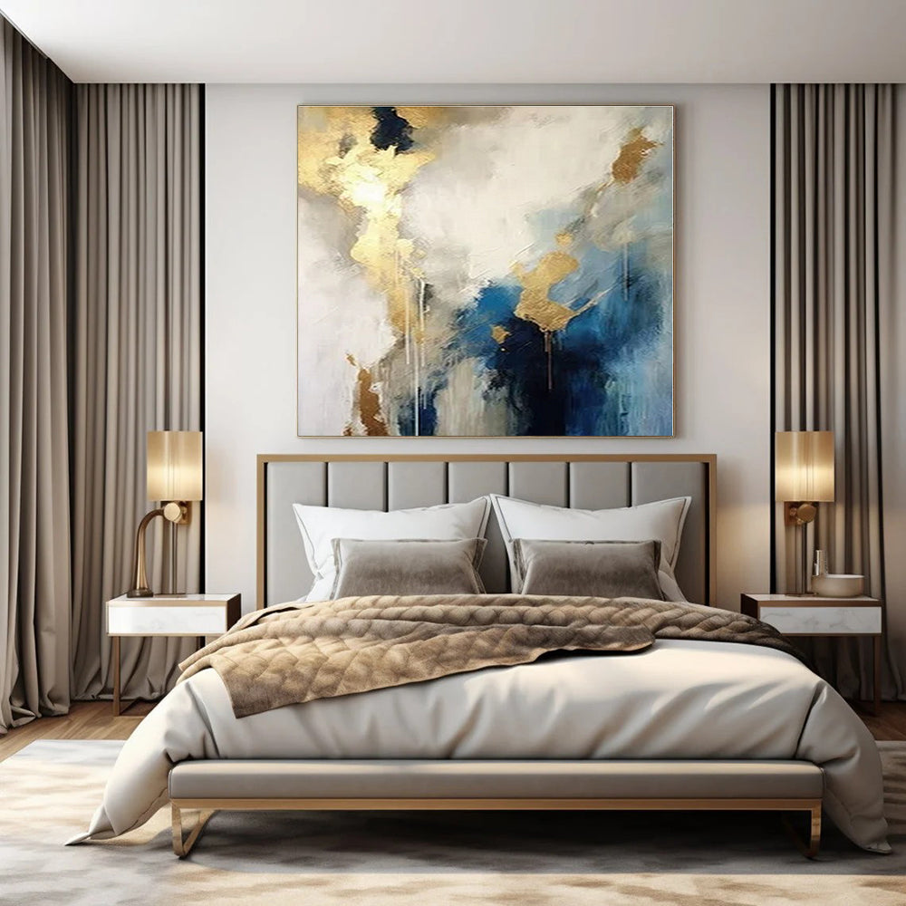 Blue, White, and Gold Abstract Echo - Repeated Flowing Color Painting On Canvas PS1240