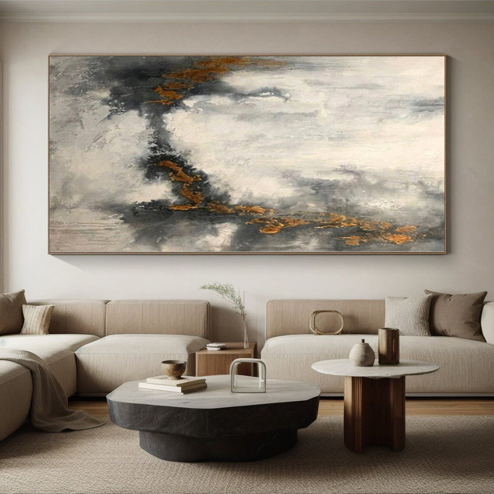“Grey - White - Gold Cloud - like Abstract” Painting On Canvas PS0378