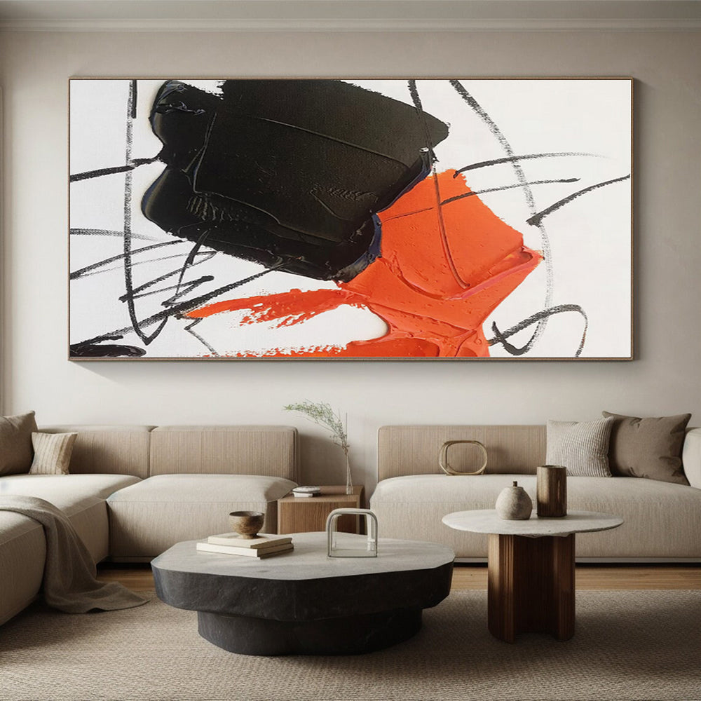 “Black - Orange Dynamic Abstraction” - Black, Orange Abstract Painting On Canvas PS0488