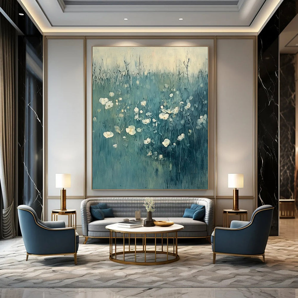 “Soft Blue Field with White Flowers” - Impressionist Floral Painting On Canvas PT1933