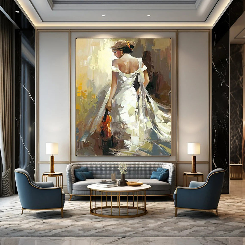 “Woman in White Gown with Violin” - Expressive Oil Painting On Canvas PT2175