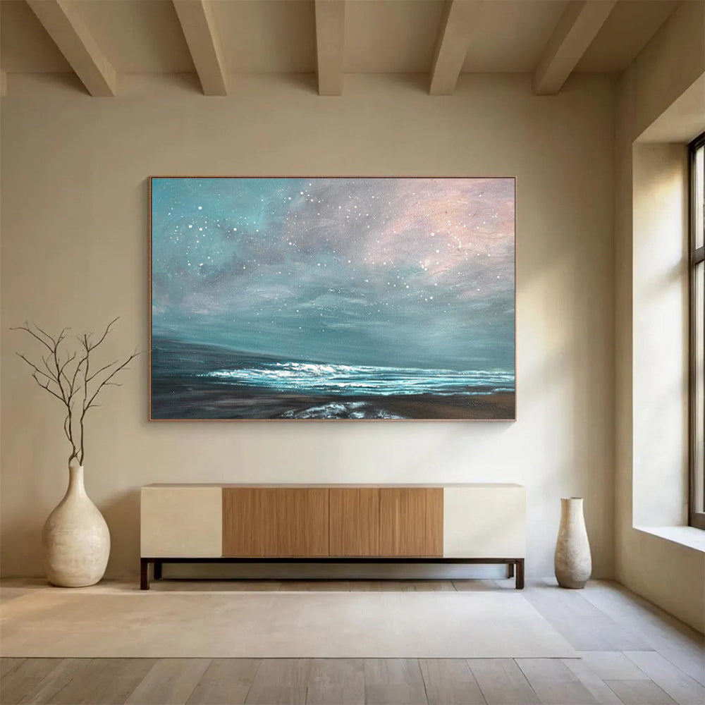 Star - Filled Sky Over Turquoise Sea Seascape Painting On Canvas DKS106