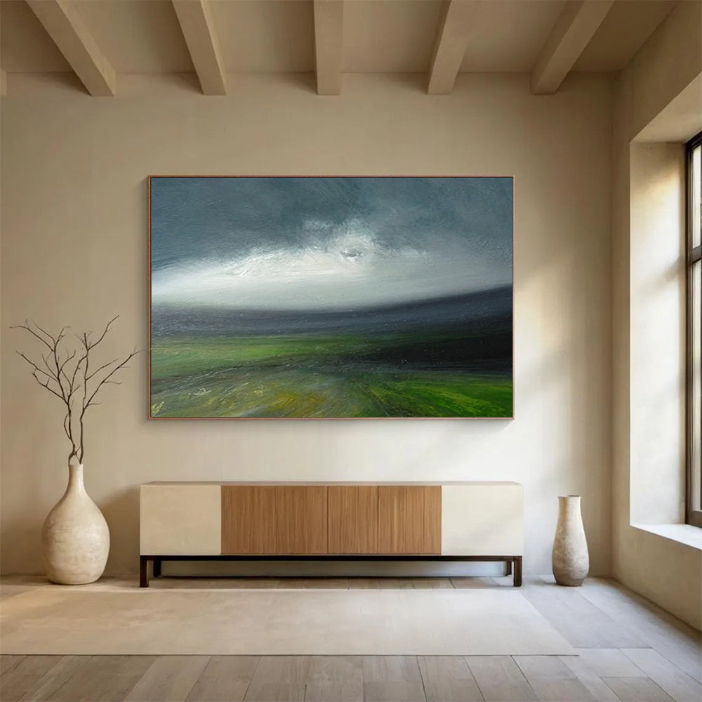 “Moody Green Landscape with a Hint of Blue” - Atmospheric Oil Painting On Canvas PT029