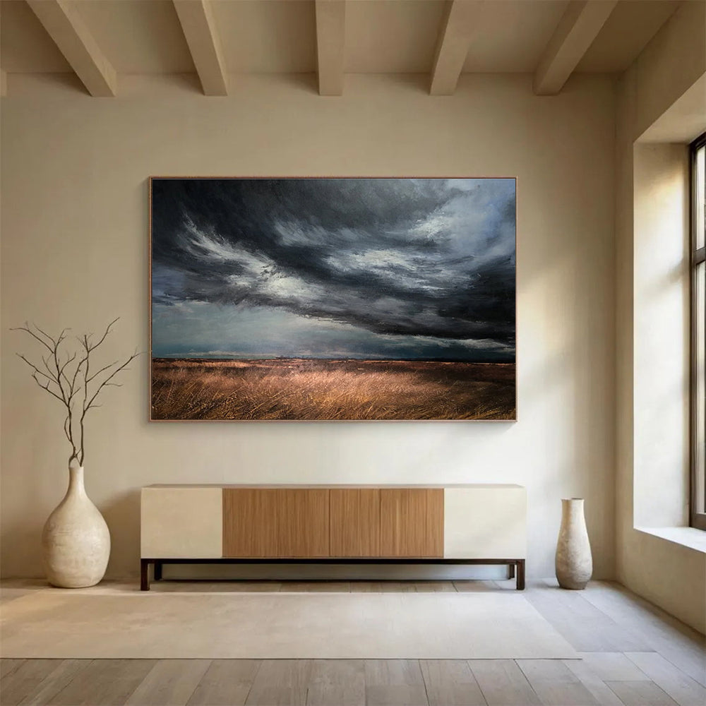 “Stormy Field Sky” - Gray, Brown & Gold Landscape, Realist Oil Painting On Canvas DKS772