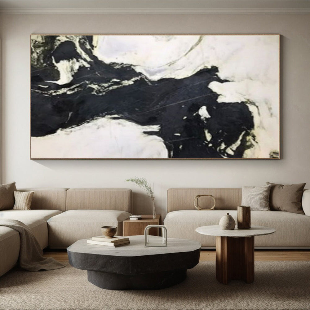 “Black - White Abstract Flow” - Black, White Abstract Expressionist Painting On Canvas PS0733