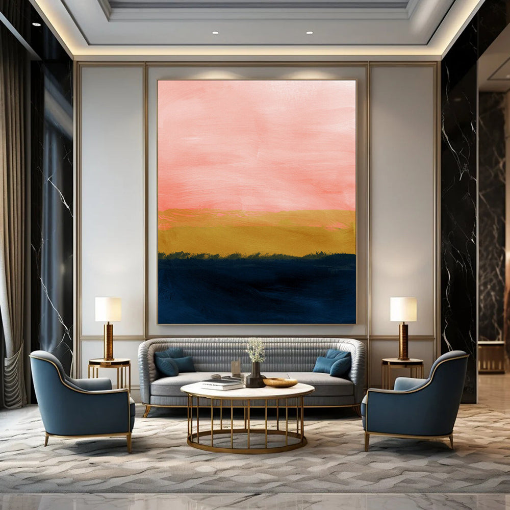 “Pink - Orange - Navy Sunset” - Abstract Landscape Painting On Canvas PT2022