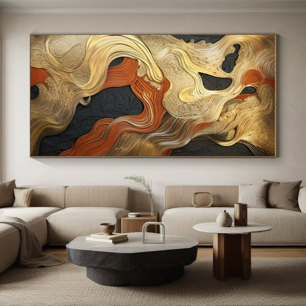 Gold, Orange & Black Abstract Waves Painting On Canvas PS0822