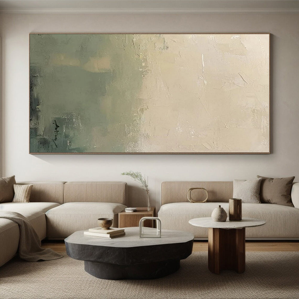 “Soft Green - Beige Gradient” - Beige, Green Abstract Landscape Painting On Canvas PS0657