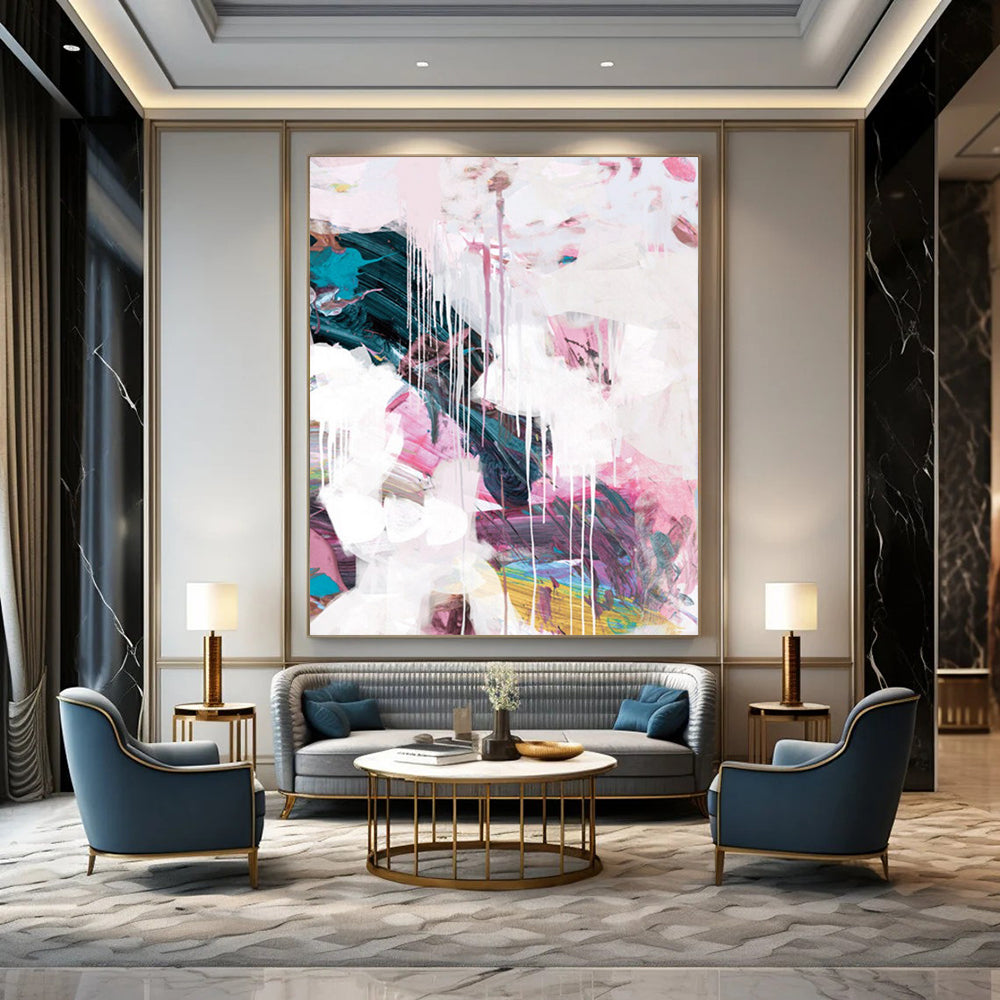 “Blush & Teal Drip Fusion” - Soft Pinks & Deep Greens with Drips Painting On Canvas DS192