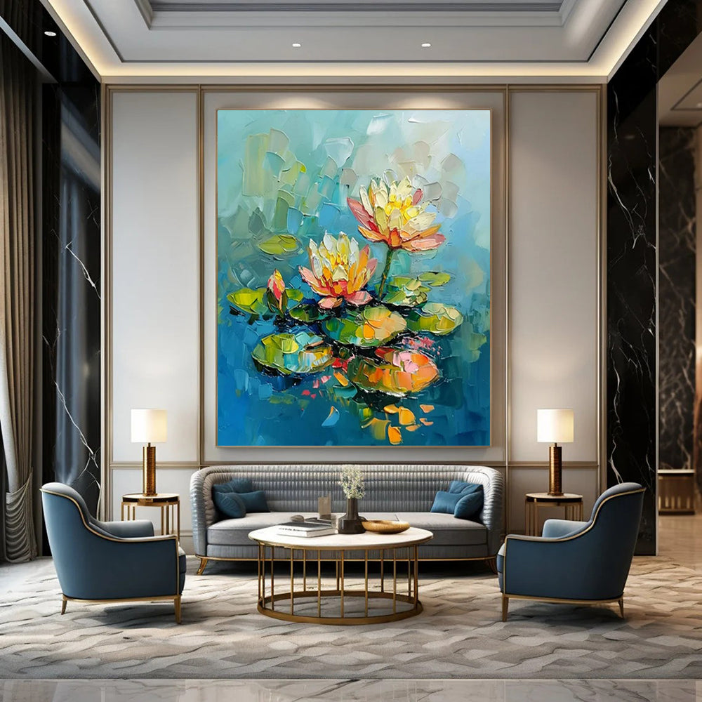 “Colorful Water Lilies” - Impasto Floral Painting On Canvas PT2240