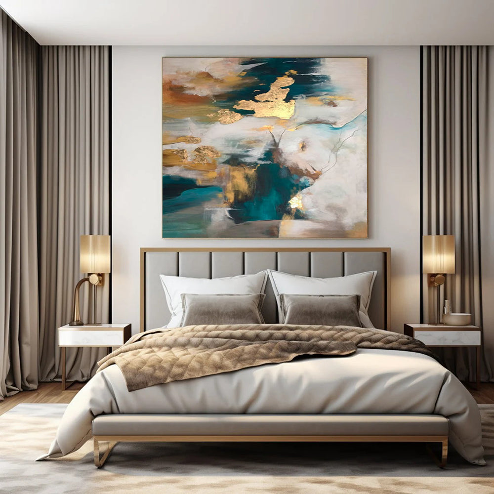 Teal, Gold, and White Abstract, "Dreamy Fusion" – Abstract Expressionist Painting On Canvas PS1002