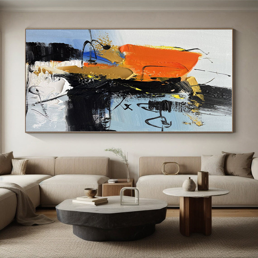 “Orange - Black Bold Abstraction” - Orange, Black, Gold Abstract Painting On Canvas PS0486