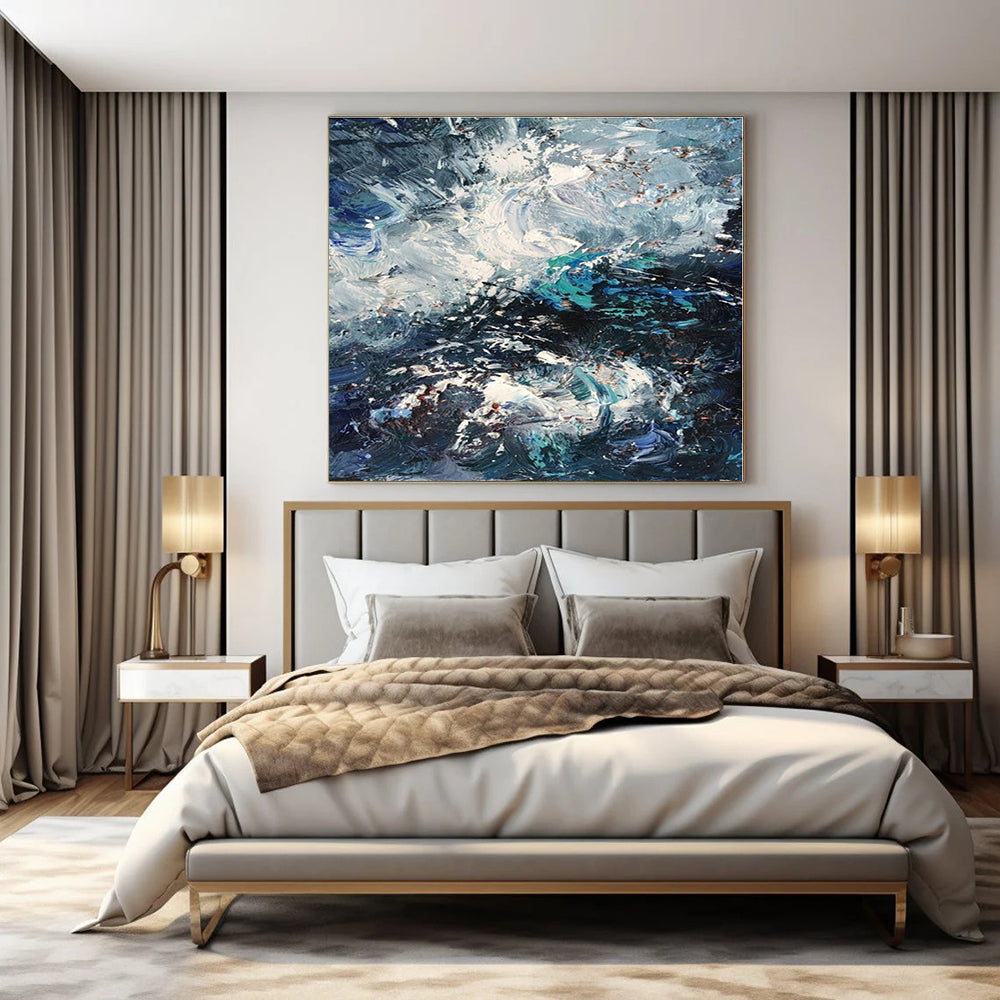 Blue, White, Gray with Dynamic Textures "Crashing Waves" Abstract Painting On Canvas PS1351