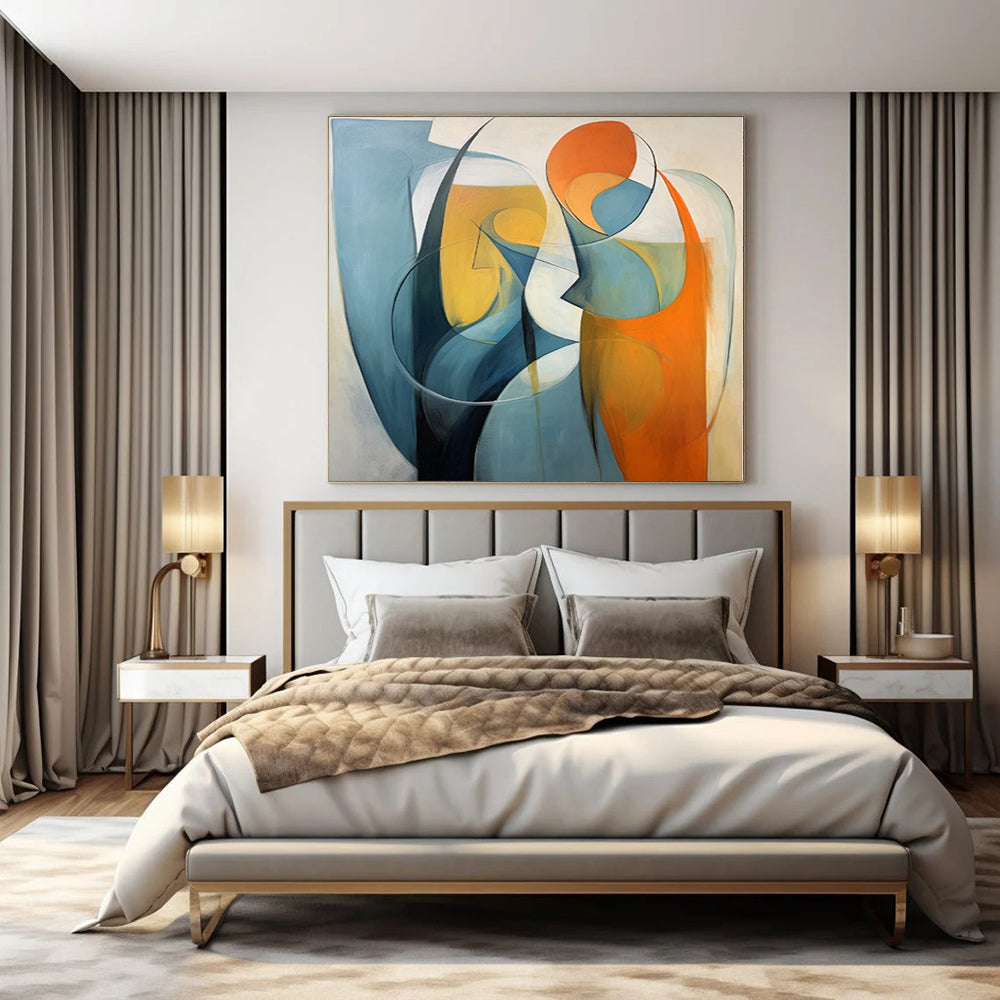 “Blue - Orange Abstract Figures” - Cubist Abstract Painting On Canvas PS0188