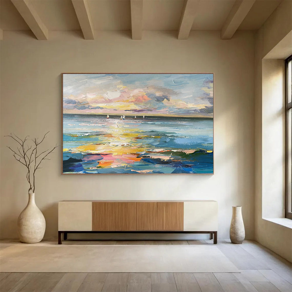 Sunset Sails Over Color - Drenched Sea Impressionist Maritime Painting On Canvas DKS115