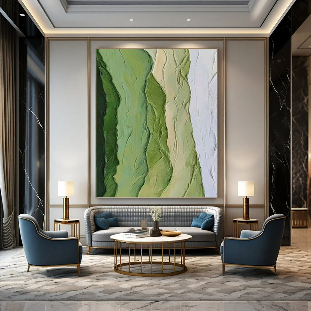 “Green - White Textured Waves” - Impasto Abstract Painting On Canvas PT1196