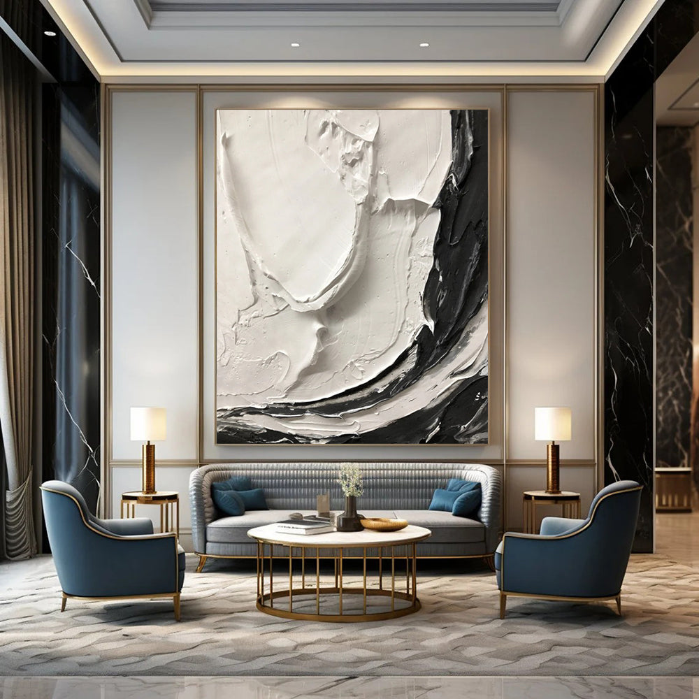“Thick Black and White Textured Swirls” - Tactile Abstract Painting On Canvas DS387