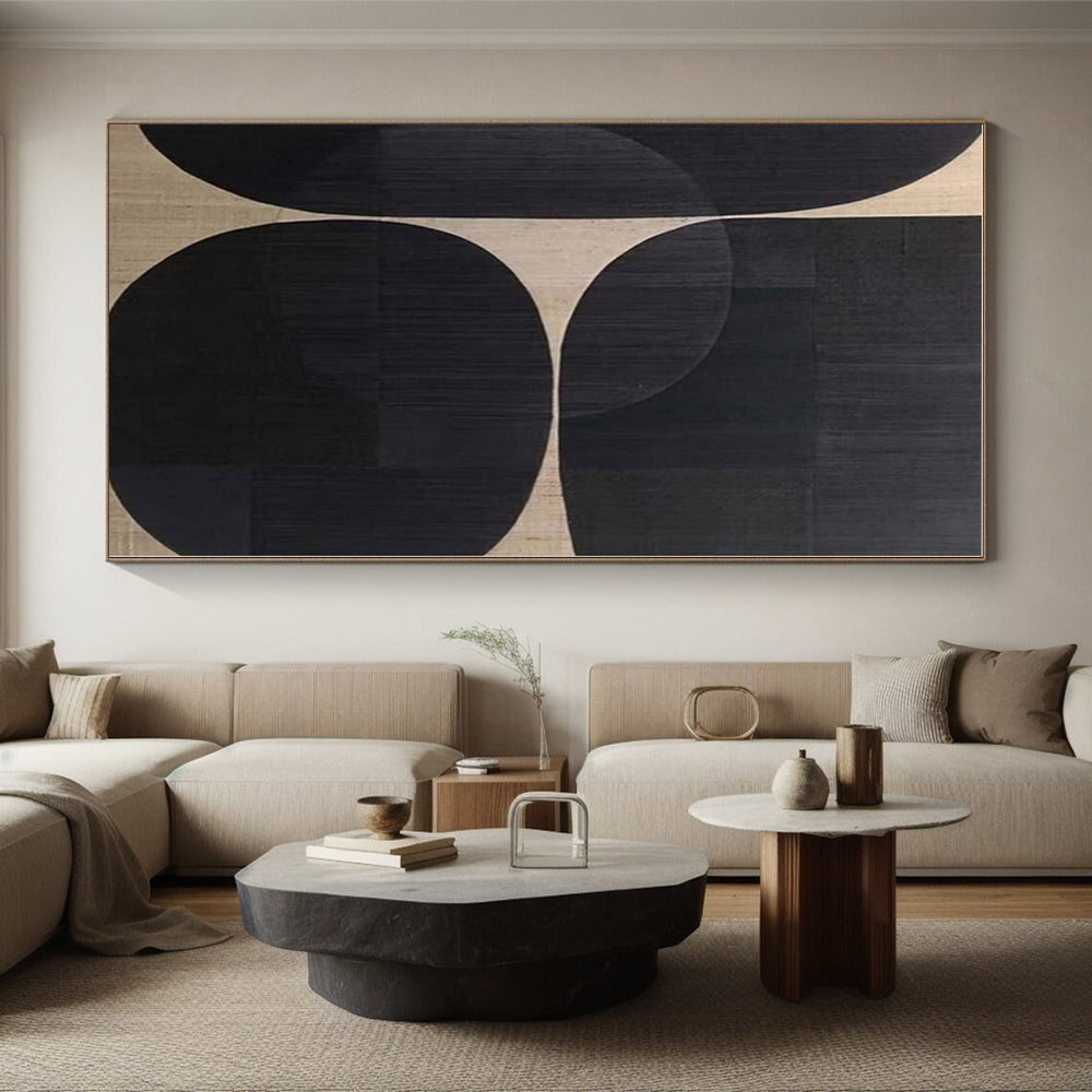“Black - Beige Geometric Circles” - Black, Beige Abstract Geometric Painting On Canvas PS0581