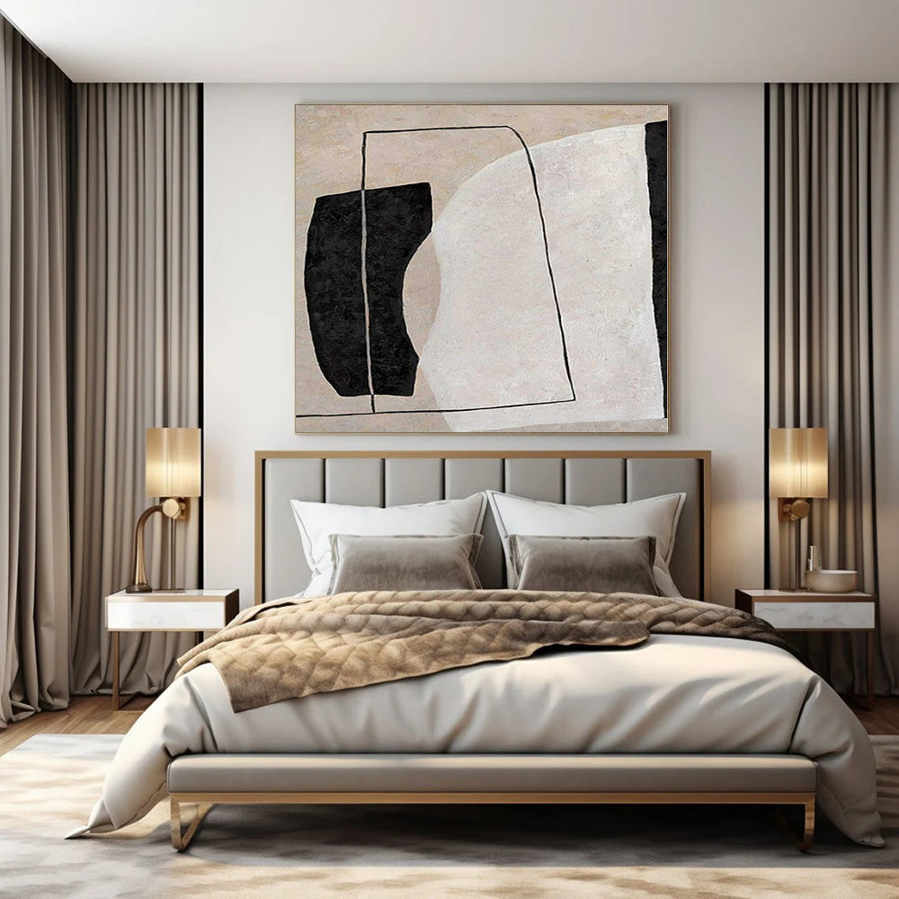 Beige, Black and White with Rectangular and Curved Forms "Form Fusion" Abstract Painting On Canvas PS1123