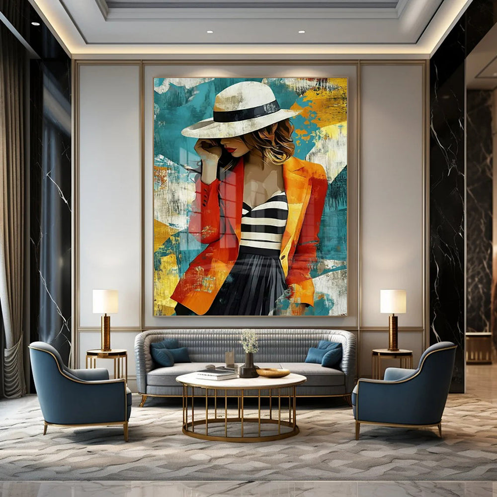 “Stylish Woman in Colorful Abstract Background” - Pop - Art Inspired Painting On Canvas PT2191