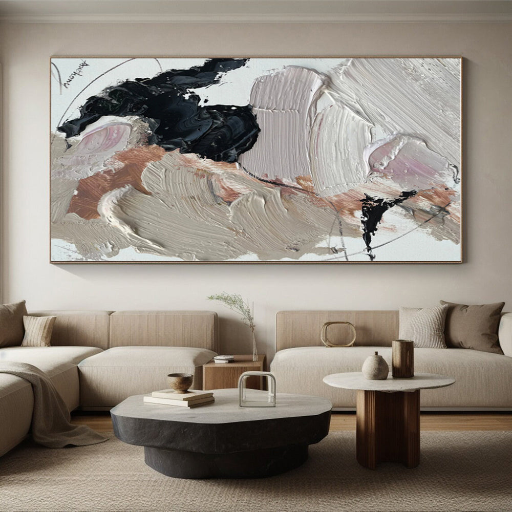 “Beige - Black - Pink Gentle Abstraction” - Beige, Black, Pink, White Abstract Painting On Canvas PS0512
