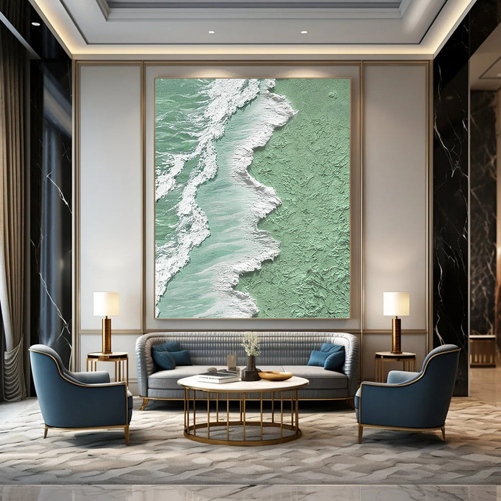 “Pastel Green and White Coastal Textures” - Seascape, Pastel - Toned Painting On Canvas PT1505