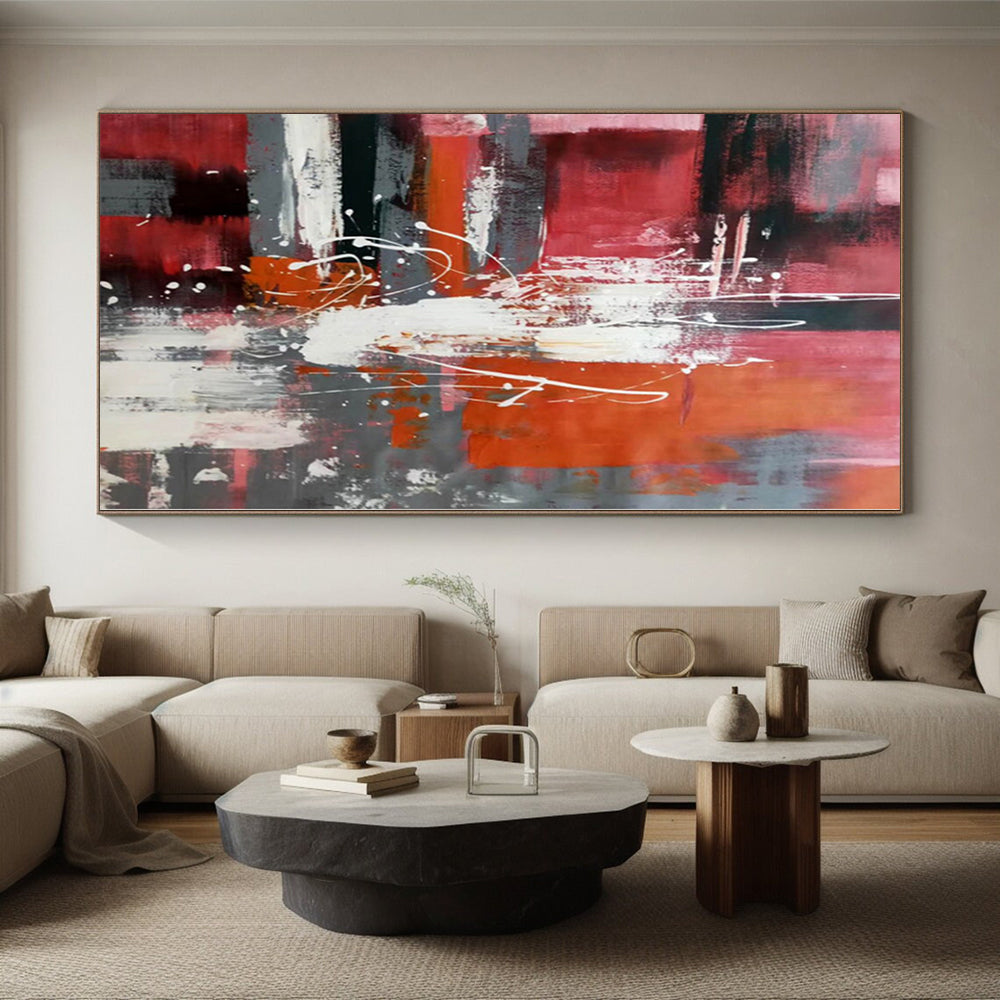 “Red - Grey - White Abstract Energetic Splashes” - Dynamic Abstract Painting On Canvas PS0313