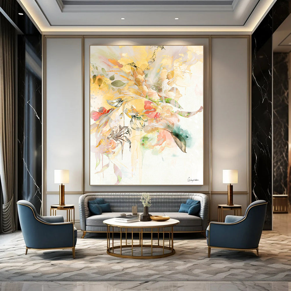 “Yellow - Pink Floral Splash” - Vibrant Floral Abstract Painting On Canvas PT1087