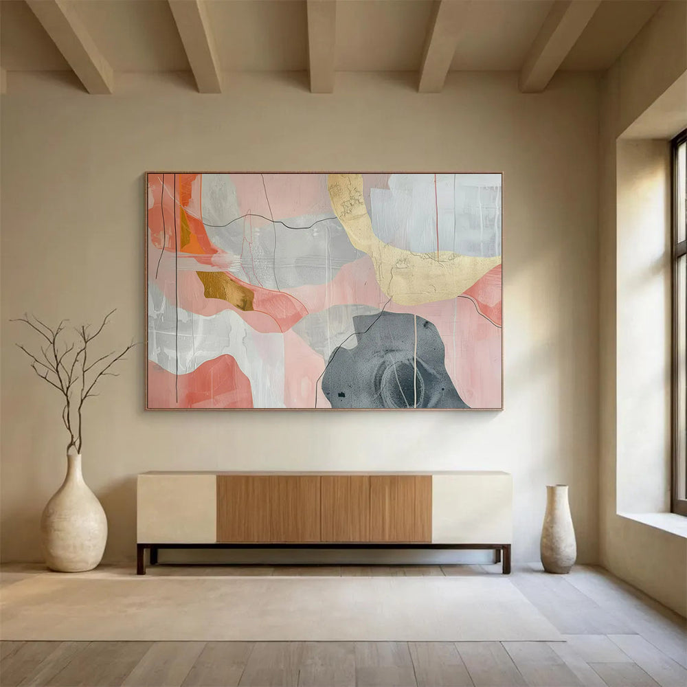 “Pink - Gray Abstract with Gold Details” - Modernist Abstract - Painting On Canvas PT1761