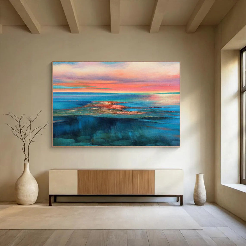 “Vibrant Coastal Sunset in Pinks, Oranges & Blues” - Colorful Seascape Oil Painting On Canvas PT024