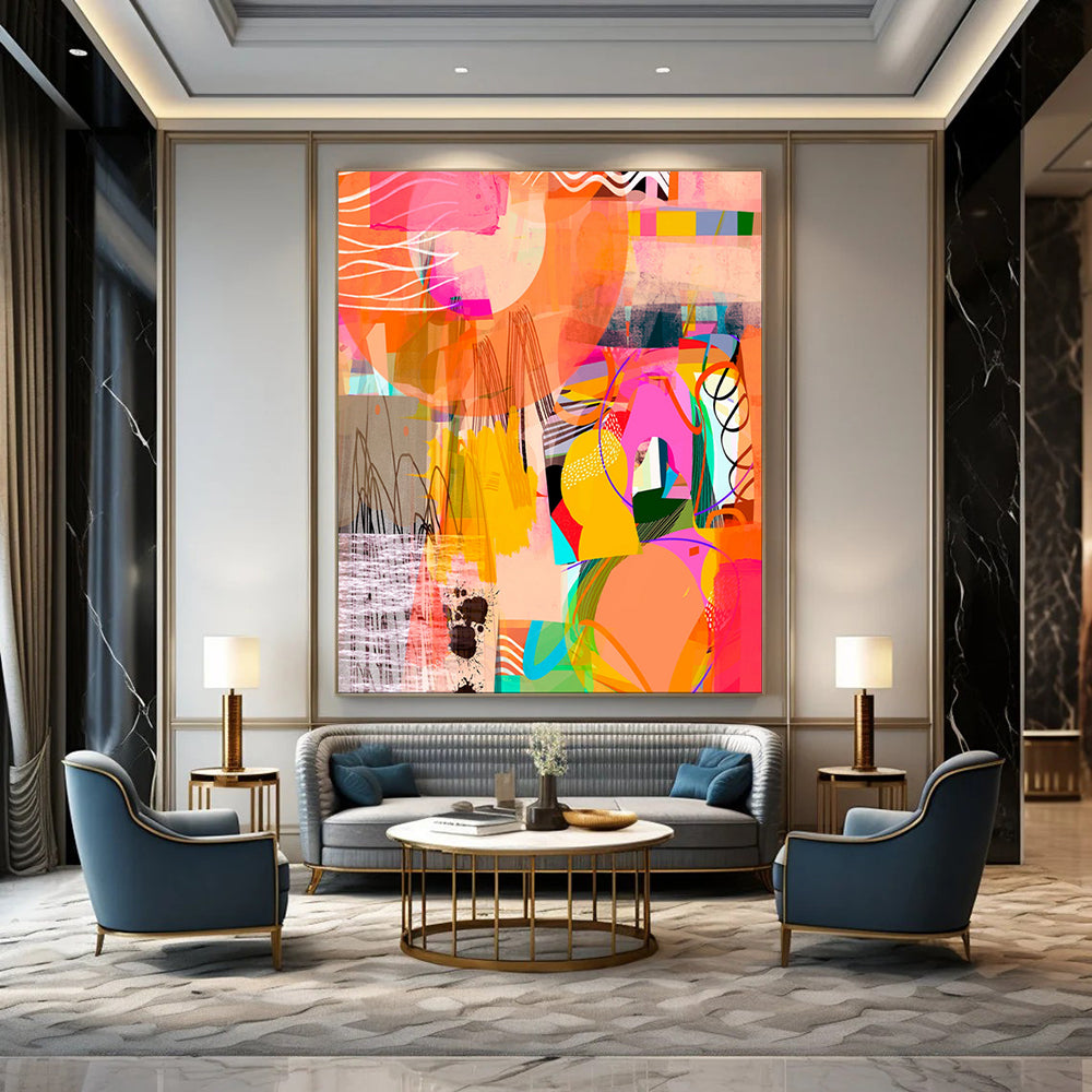 “Vibrant Orange - Pink Abstract Collage” - Modern Collage - Style Painting On Canvas PT1841