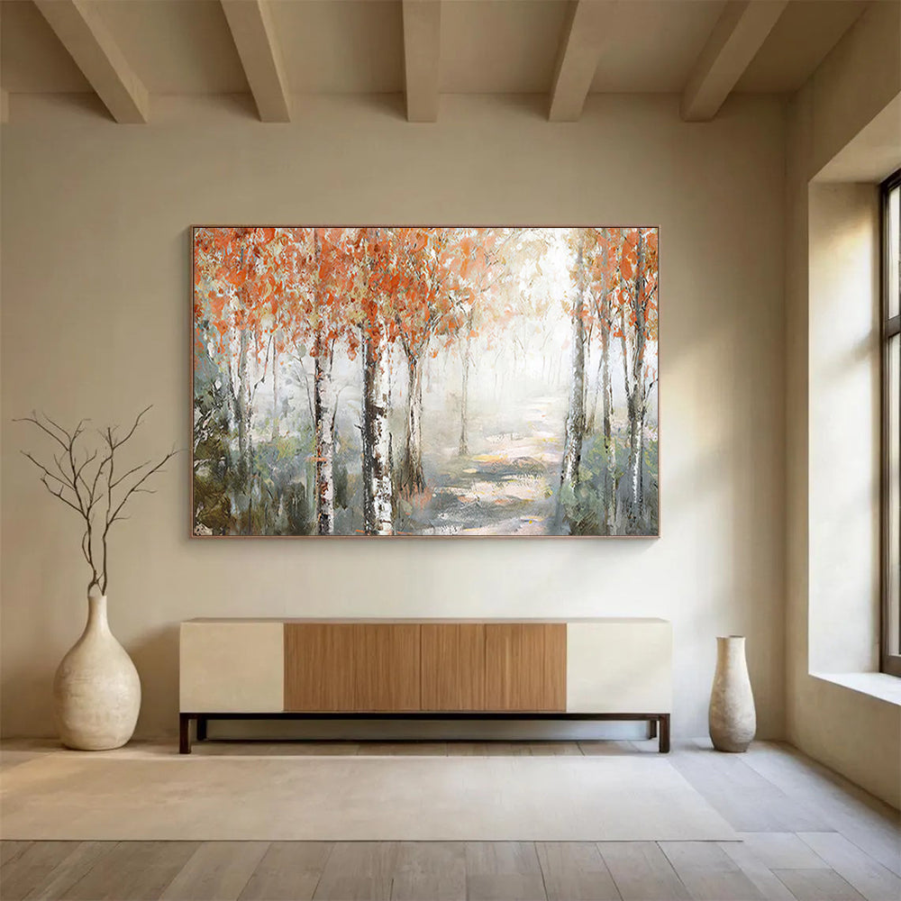 “Autumn Birch Forest Path” - Misty Landscape Painting On Canvas PT222