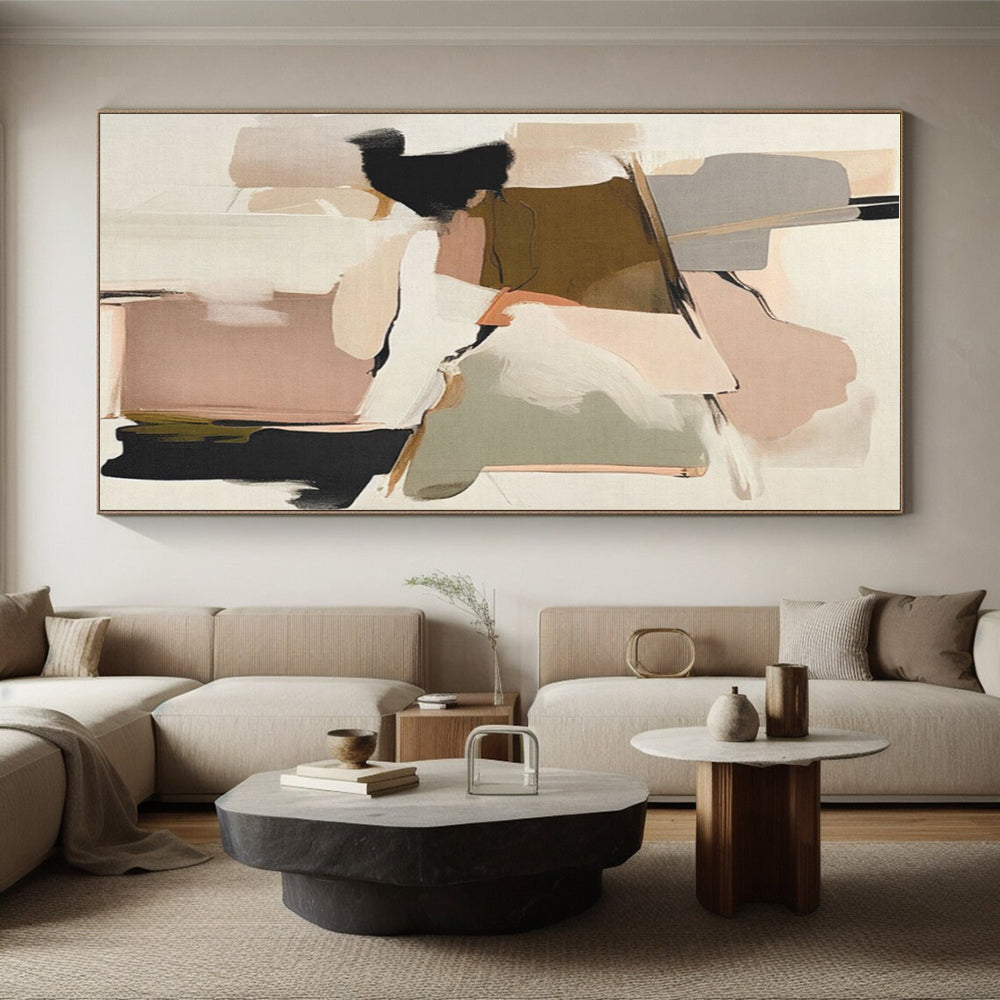 “Blush & Neutral Geometric Abstraction” - Blush, Beige, Gray Abstract Geometric Painting On Canvas PS0755